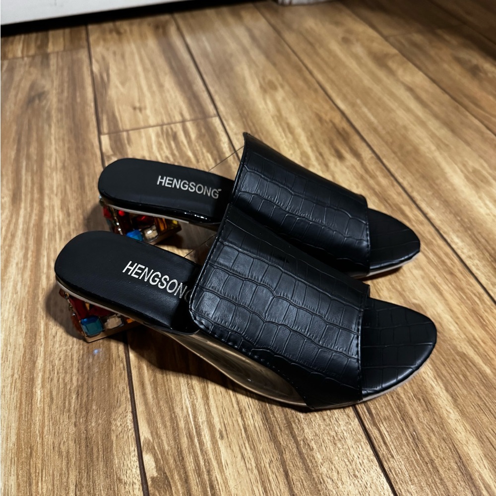 Elegant Black Sandals with Open Back and amazingly colorful heels.